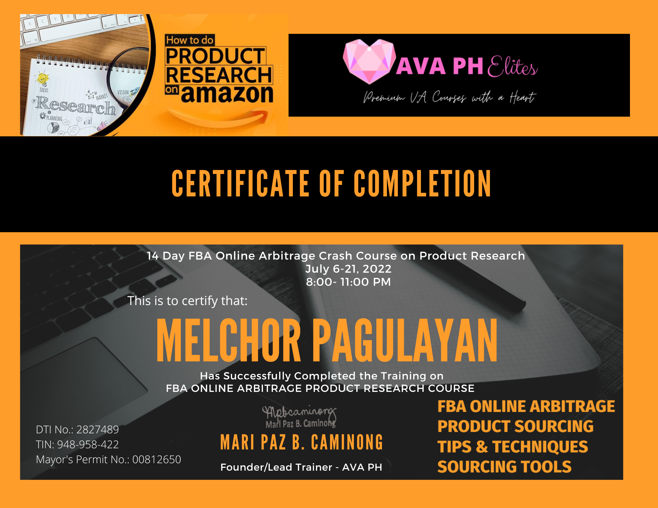 Certificate for Amazon FBA and Product Research training from AVA PH