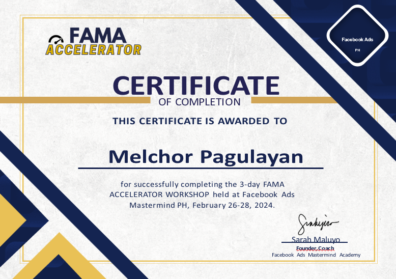 Certificate for Facebook Ads Accelerator training from FAMA