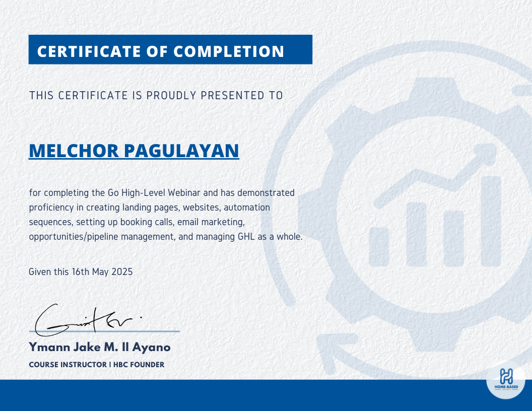 Certificate for Go High Level CRM training