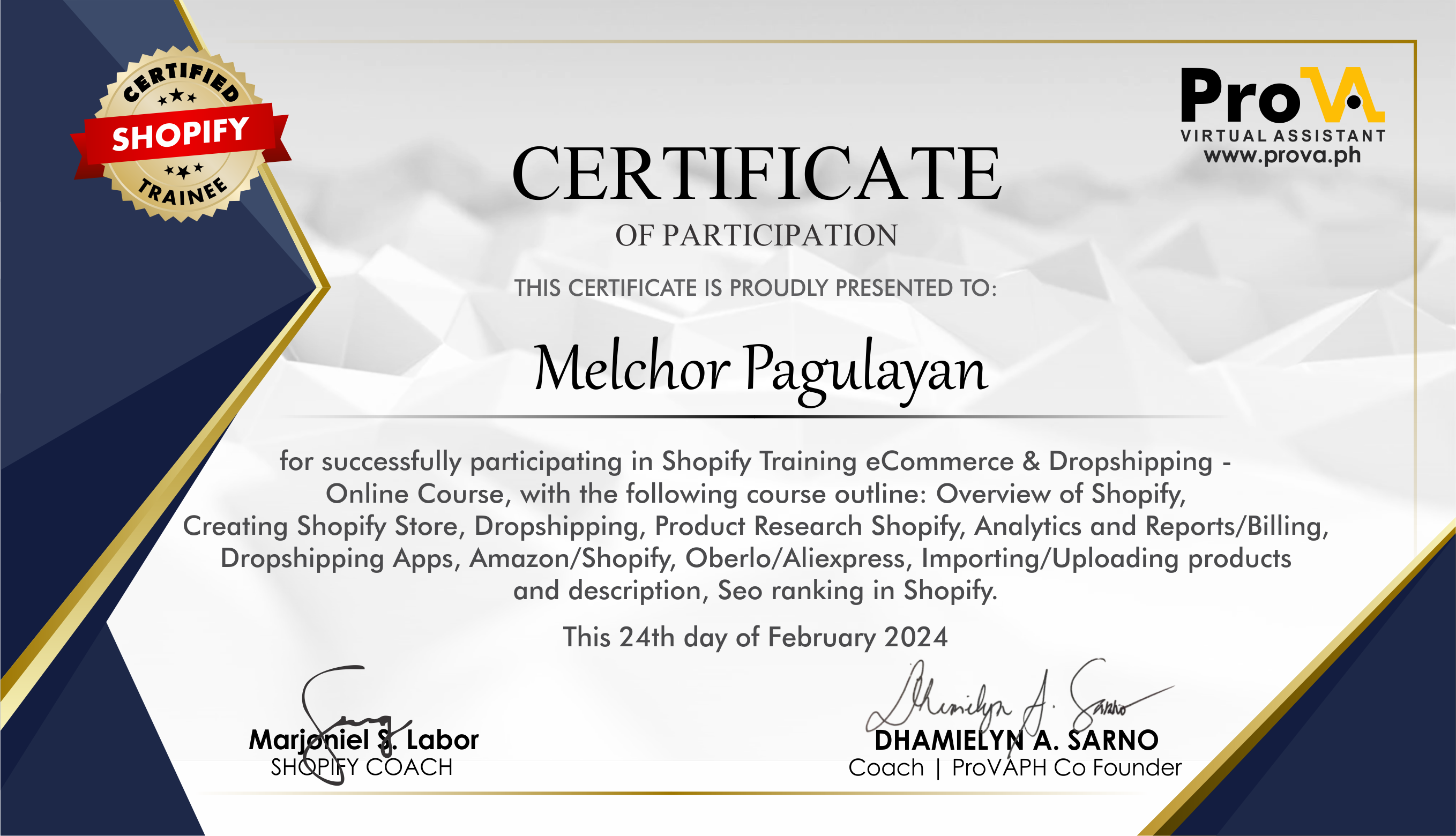 Certificate for Shopify Store Management training from ProVA