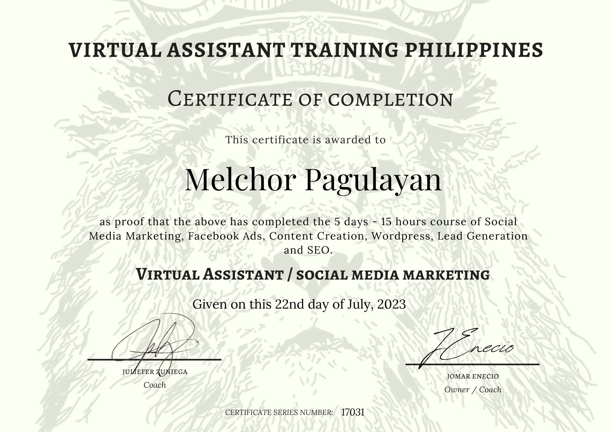 Certificate for Virtual Assistant and Social Media Marketing training